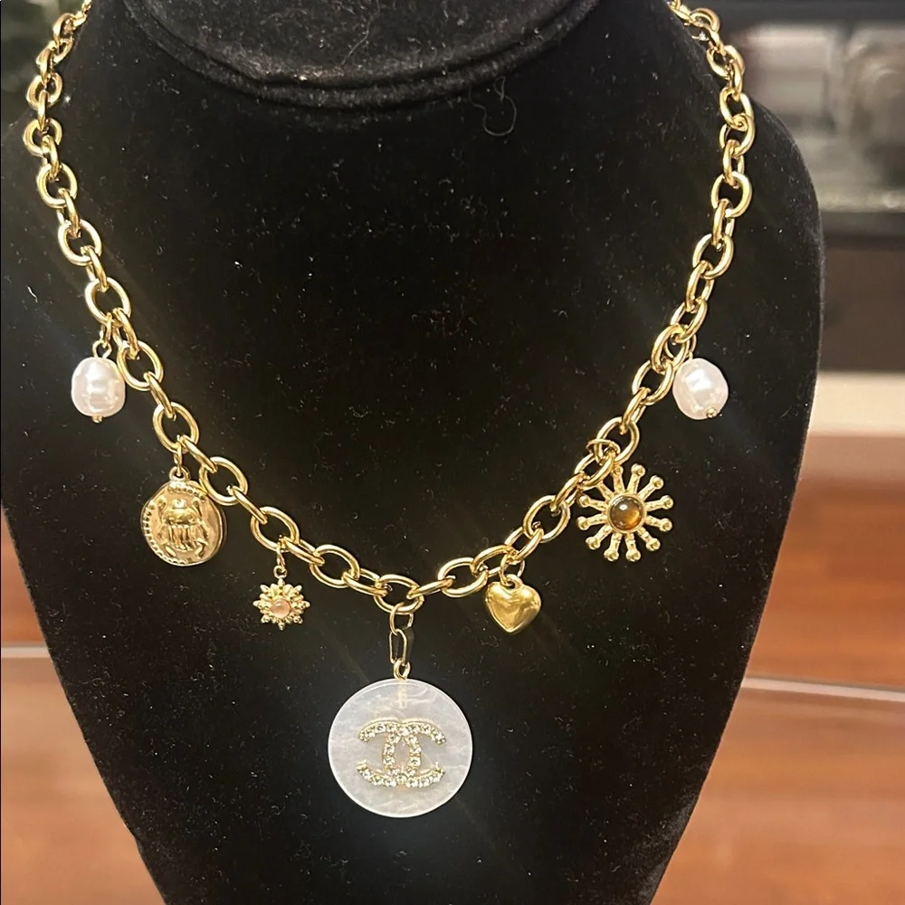 Gold Toned Chanel Charm Necklace with Mother-of-Pearl Coin Charm - Picture 4 of 6